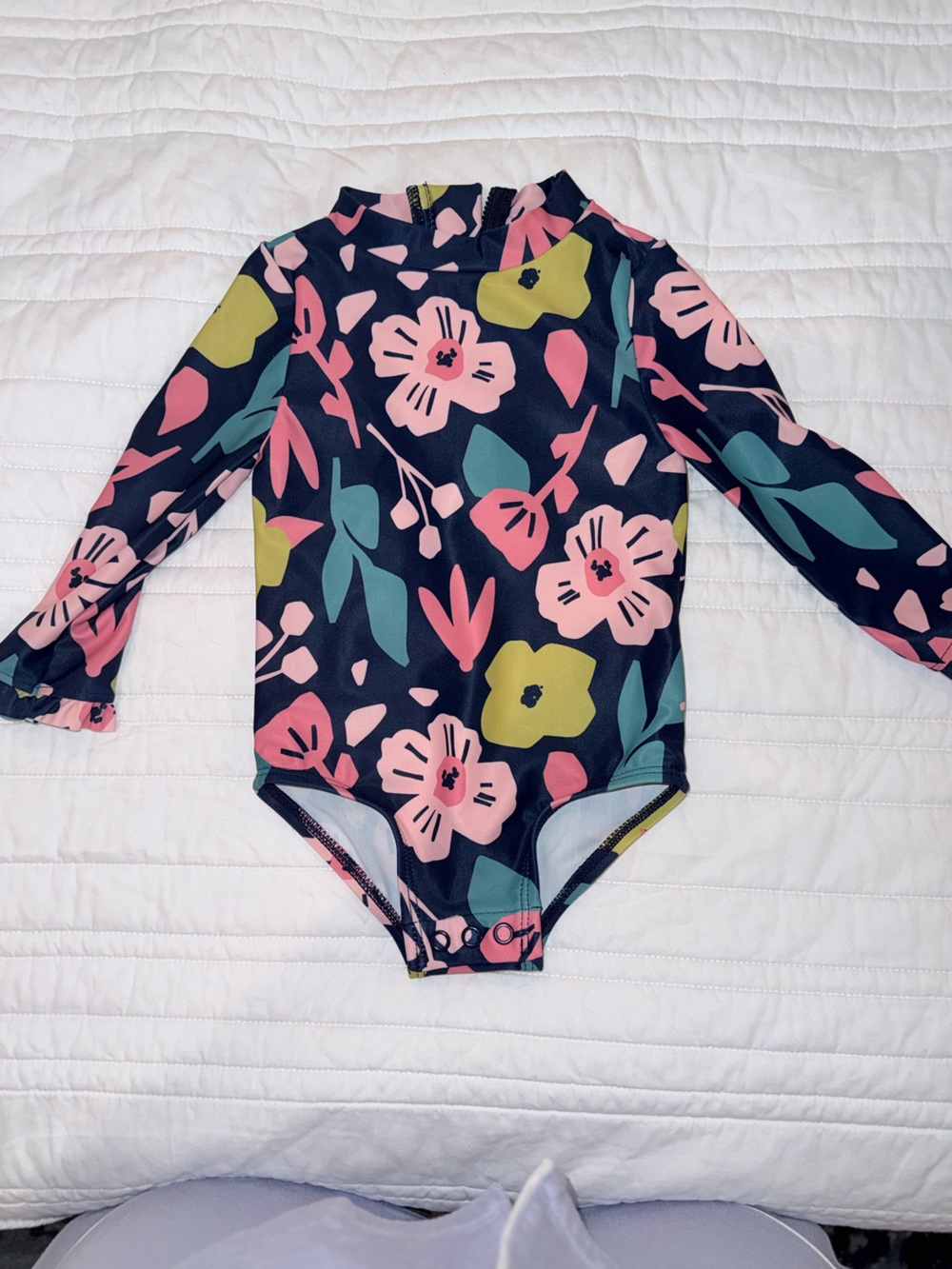 Girls' Floral Long-Sleeve Swim Bodysuit - Navy with Pink & Green